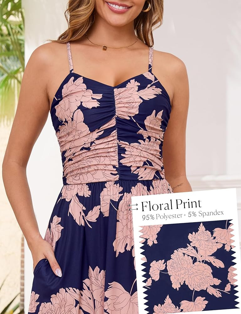 Annebouti Women 2026 Summer Spring Ruched Maxi Dress Adjustable Spaghetti Strap Floral Beach Long... | Amazon (US)