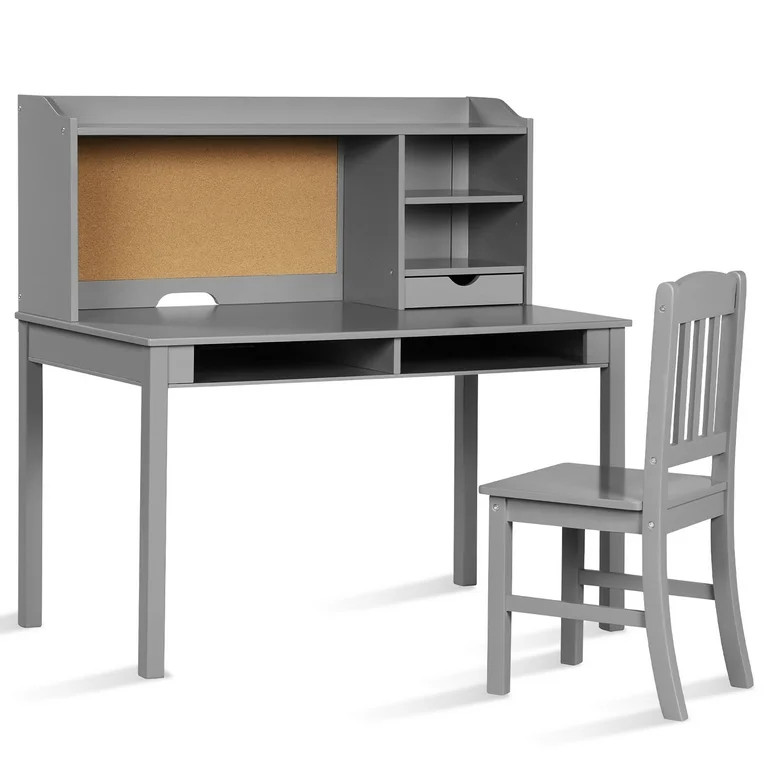 Costway Kids Desk & Chair Set Study Writing Desk w/ Hutch & Bookshelves Grey | Walmart (US)