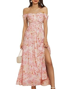 GRACE KARIN 2024 Women's Summer Floral Print Flowy A Line Dresses Sleeveless Smocked Off Shoulder... | Amazon (US)