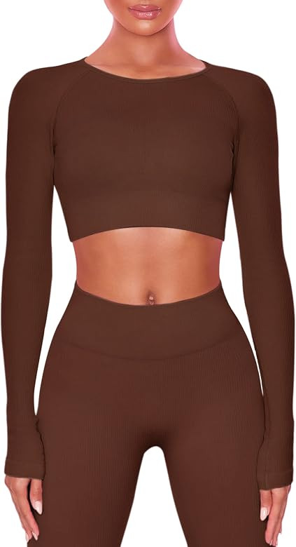 Buttergene Women Workout Sets 2 Pieces Long Sleeve Yoga Outfits Gym Clothes Seamless Ribbed Crop ... | Amazon (US)