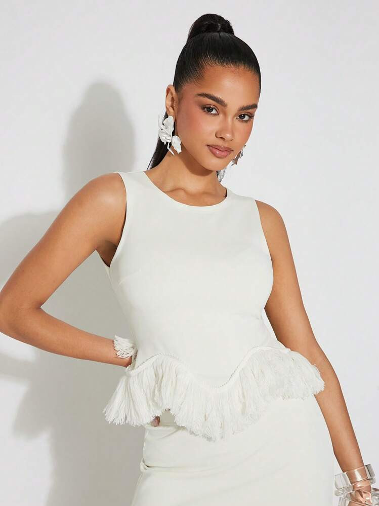 NYA SZN Tank Top Fringe Trim Sleeveless Asymmetrical Hem Summer Tank Top Guest Bridal Dinner PromFor Women | SHEIN