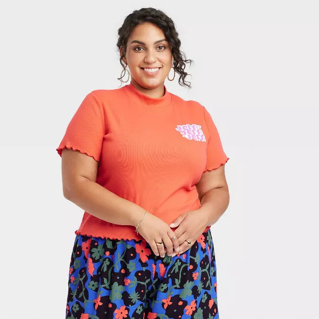 Latino Heritage Month Women's Jefa Short Sleeve Mock Turtleneck Lettuce Edge T-Shirt - Orange | Target