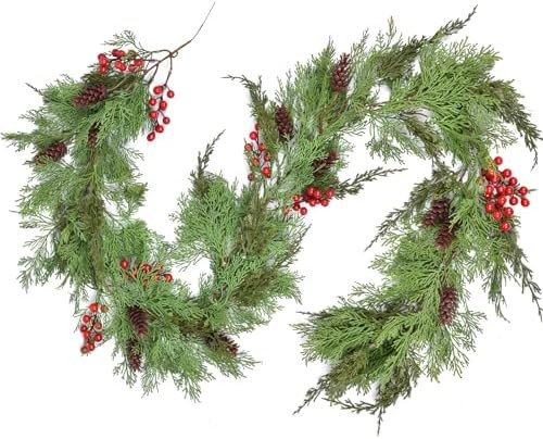 DearHouse 6FT Christmas Pine Garland, Artificial Greenery Garland with Spruce Cypress Red Berries... | Amazon (US)