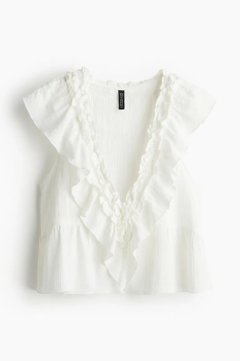 Frill-trimmed cotton top - Cream - Ladies | H&M GB | H&M (UK, MY, IN, SG, PH, TW, HK)