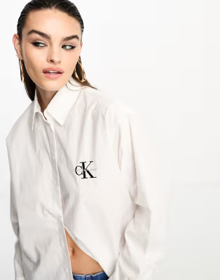 Calvin Klein Jeans monogram logo relaxed shirt in white | ASOS (Global)