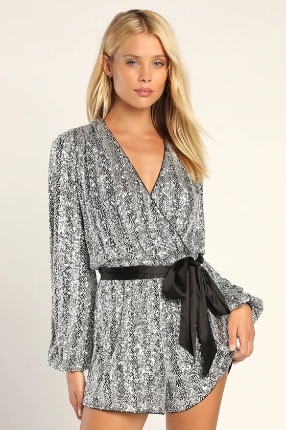 More Than Magical Shiny Silver Sequin Long Sleeve Romper | Lulus (US)