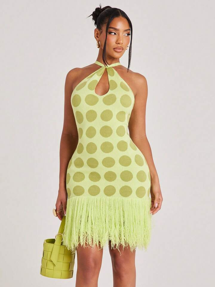 NYA SZN Knit Dress Sleeveless Cutout Detail Polka Dot Vibrant Unique Halter Neckline Fringe Mini Green Brunch Bridal Shower Outfits For Women | SHEIN