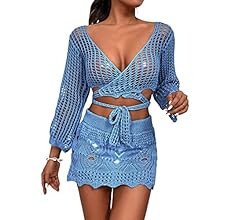 MakeMeChic Women's 2 Piece Crochet Hollow Out Swimsuit Cover Up Beach Skirt Set | Amazon (US)