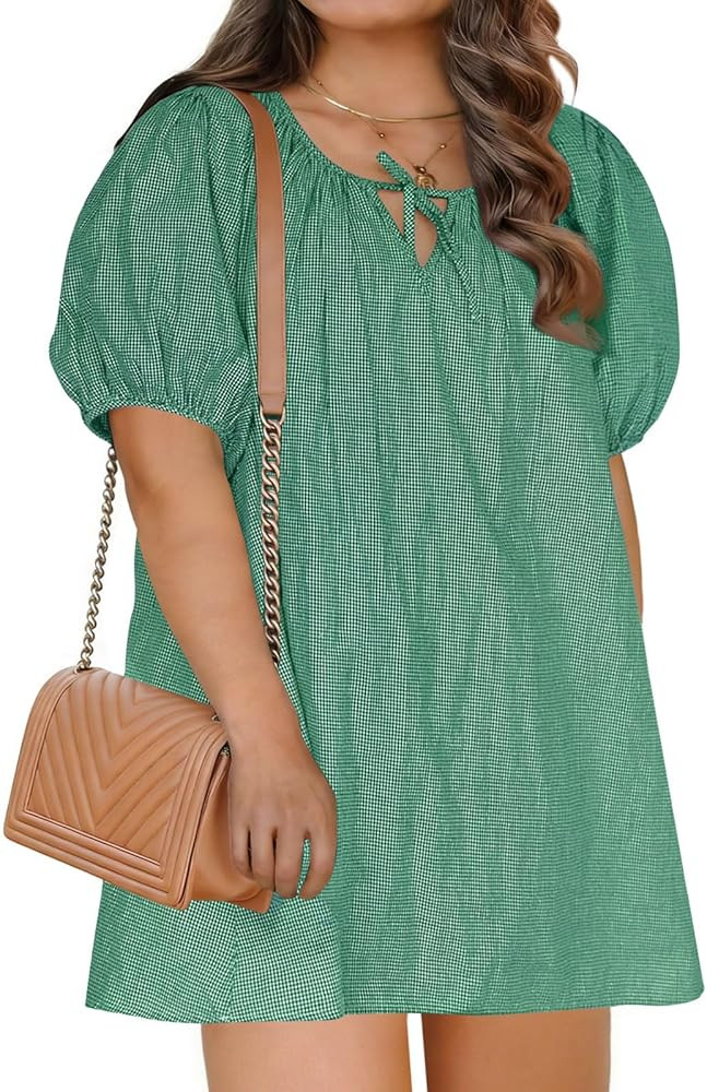 Beautife Women's Plus Size Dress Short Puff Sleeve Scoop Neck Gingham Plaid Short Cotton Babydoll... | Amazon (US)