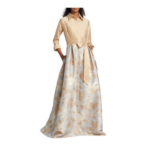 Teri Jon by Rickie Freeman Gold Belted Taffeta & Jacquard Shirt Gown Size 12 | Poshmark