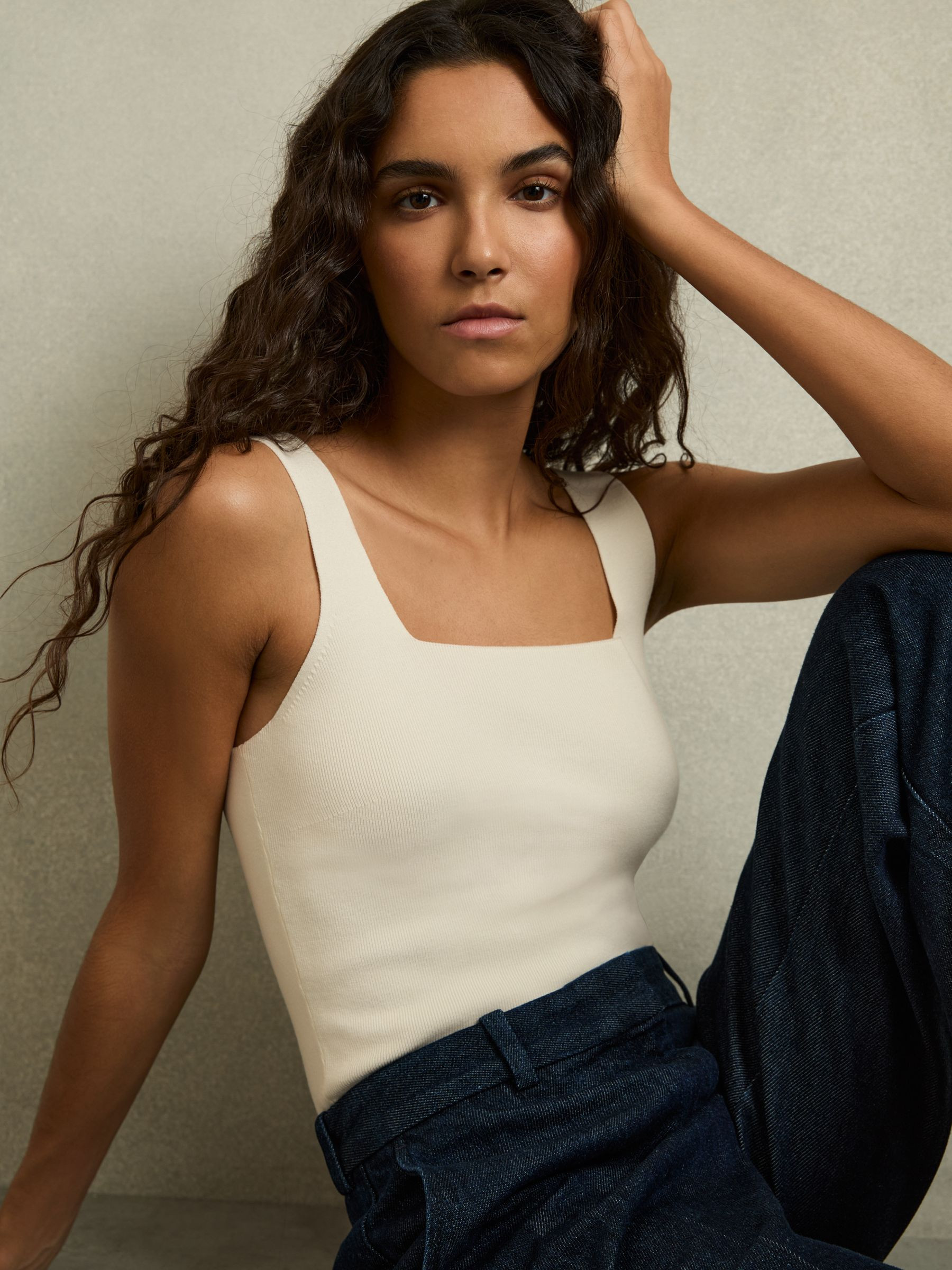 Knitted Square Neck Vest in Ivory | Reiss UK