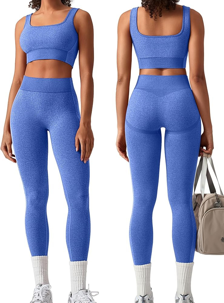 Amazon.com: OLCHEE Womens Workout Sets 2 Piece Seamless Square Neck Sports Bra Padded Butt Liftin... | Amazon (US)