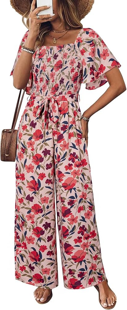 Happy Sailed Womens Summer Jumpsuits Floral Printed Short Sleeve High Waisted Pockets Wide Leg Ro... | Amazon (US)
