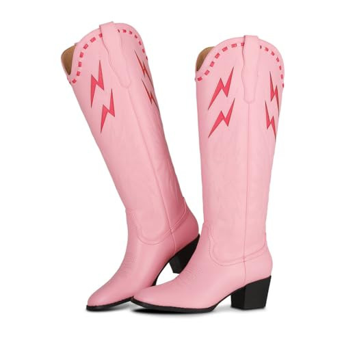 Synchoiss Womens Cowboy Boots Chunky Heel Pink Cowgirl Boots Classic Embroidered Pointed Toe Knee High Western Boots Wide Calf Rubber Sole Tall Boots Pull on Size 9.5 | Amazon (US)