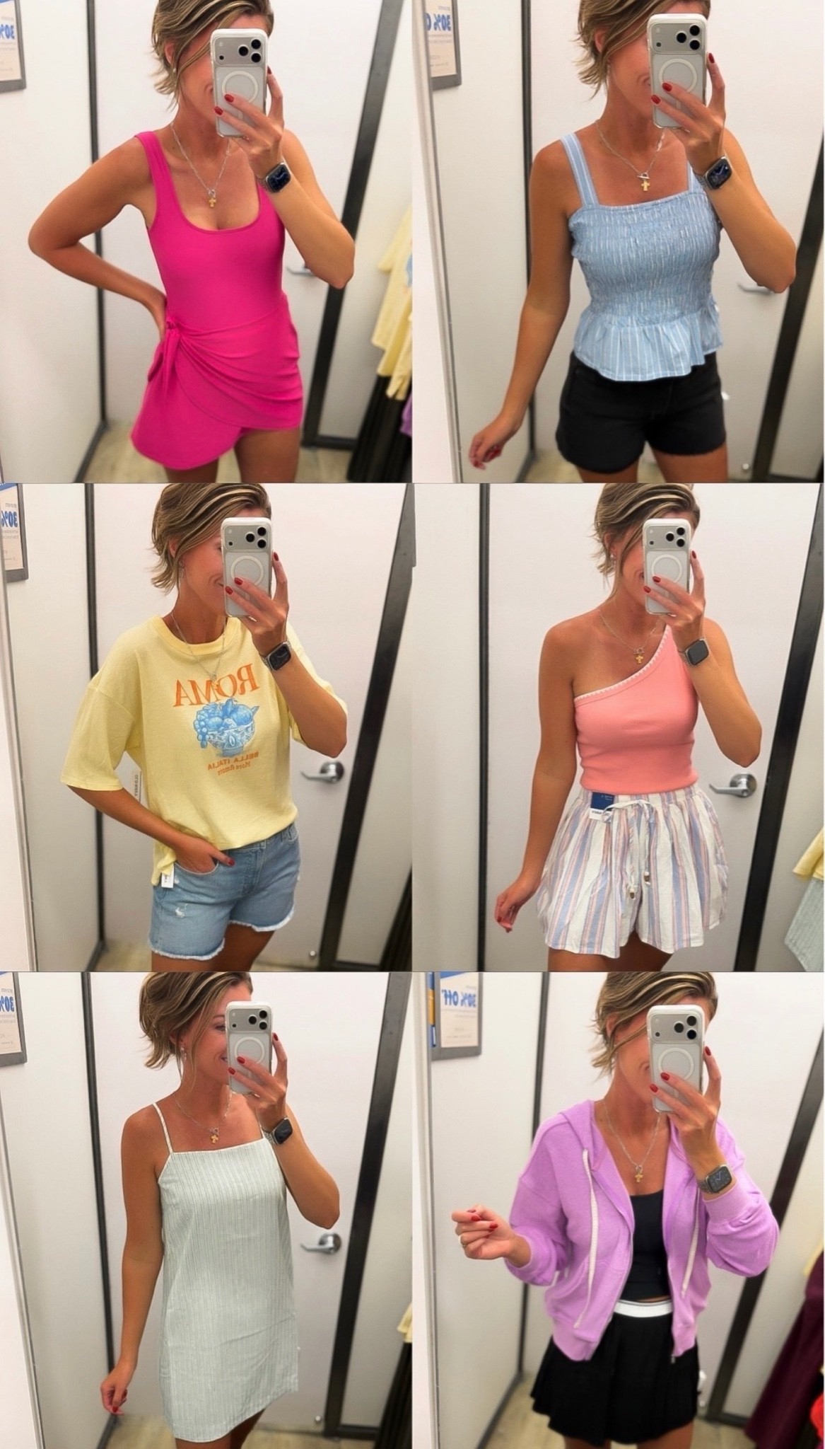 Old Navy 50% off!!!! 
Swim dress/ medium
Shorts/ 8 
Peplum tank / medium (runs small)
Tee/ small 
Green dress/ small 
One shoulder / small 
Striped shorts / medium (would prefer small)
Jacket/ small 
Skort/ medium

#LTKSeasonal #LTKOver40 #LTKActive