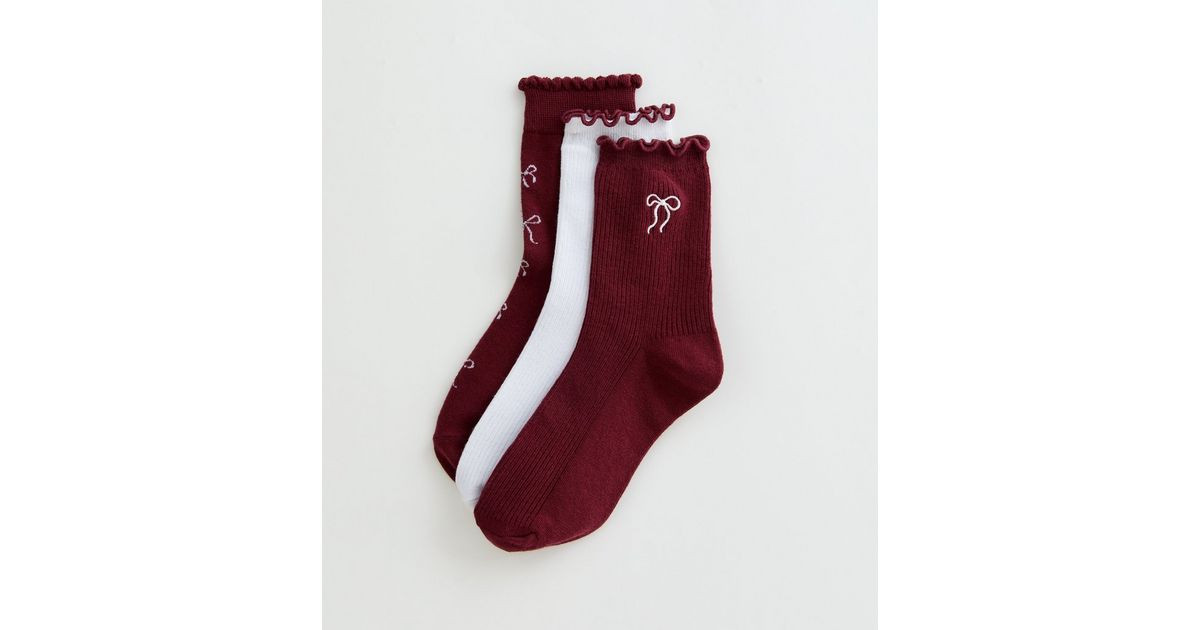 Pack of 3 Dark Burgundy Ribbed Bow Embroidered Lettuce Trim Socks | New Look | New Look (UK)