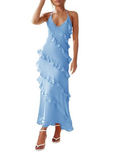 Wenrine Womens Sexy Chiffon Halter Maxi Dress Sleeveless Backless Ruffle Tassel Party Club Dresse... | Amazon (US)