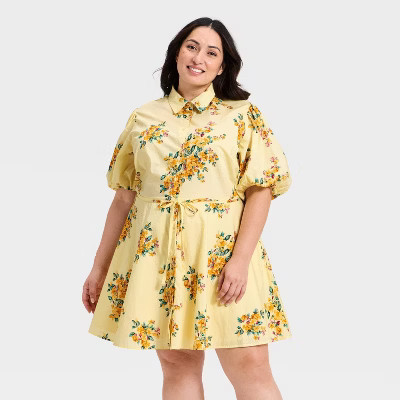 Women's Balloon Short Sleeve Mini Shirtdress - A New Day™ Yellow Floral XXL | Target