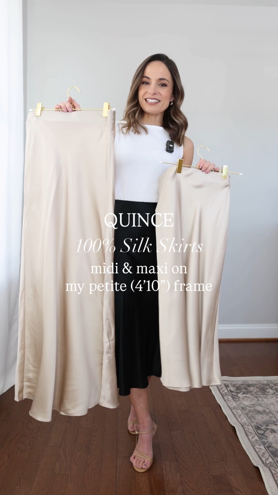 100% silk skirts from @onequince in a midi and maxi length on my petite (4’10”) frame. #quincepartner 

The silk skirts at Quince are a longtime favorite of mine. They’re high-quality, machine washable and come in several beautiful colors. I have styled the midi style many times over the years but the maxi is new to me. It’s a length I need to wear with heels, but I love how elegant it is. I think it would be perfect for a special occasion. 

Silk Maxi Skirt: XS, in champagne  - skirt runs large at the waist
Silk Midi Skirt: XS - tts 
Cotton Cashmere Fitted Ribbed Cardigan: XS, in heather oatmeal - sleeves are cuffed under
Cotton Jersey Boat Neck Tank: XS 
100% Merino Wool Collarless Cropped Jacket: XS - sleeves are cuffed under 
Italian Leather 70mm Strappy Heel: tts - in cashew


#LTKPetite