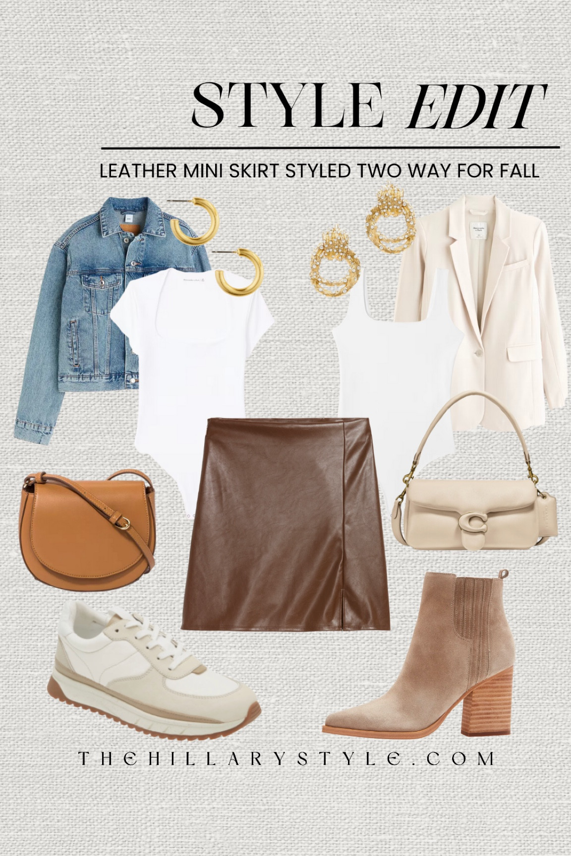 Style Edit: Leather Mini Styled Two ways for Fall. Leather is trending again this fall and this faux leather mini skirt can be dressed up or down. Perfect for a day of running errands, shopping or lunch with the girls or date night or business casual. Brown faux leather skirt, white bodysuit, denim jacket, sneakers, crossbody bag, blazer, ankle boots, handbag, gold hoop earrings. Madewell, Coach, Abercrombie, Old Navy, Target, Ettika, Marc Fisher. Fall outfit, fall style, fall fashion.

#LTKSeasonal #LTKstyletip #LTKitbag