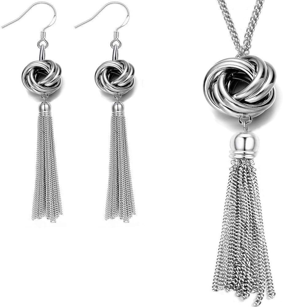 Long Tassel Necklace Silver Tone Lovely Knot Tassel Pendant Knot Snake Chain for Women | Amazon (US)