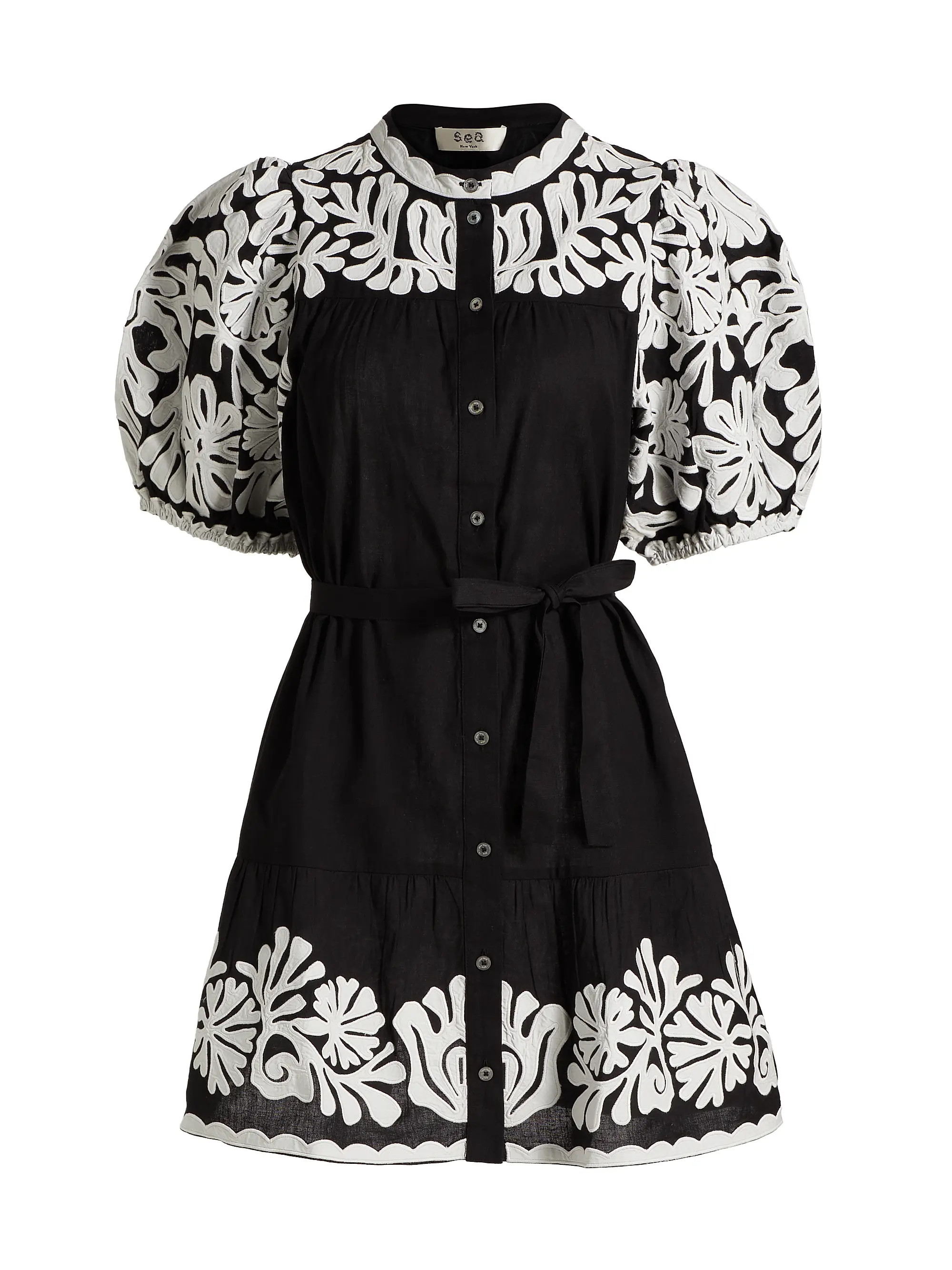 Sea Agathe Appliqué Puff-Sleeve Minidress | Saks Fifth Avenue | Saks Fifth Avenue
