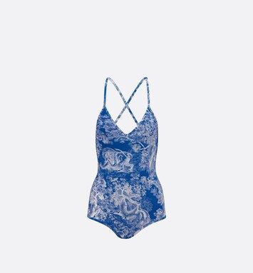 Dioriviera One-Piece Swimsuit Cornflower Blue Technical Fabric with Toile de Jouy Motif | DIOR | Dior Beauty (US)