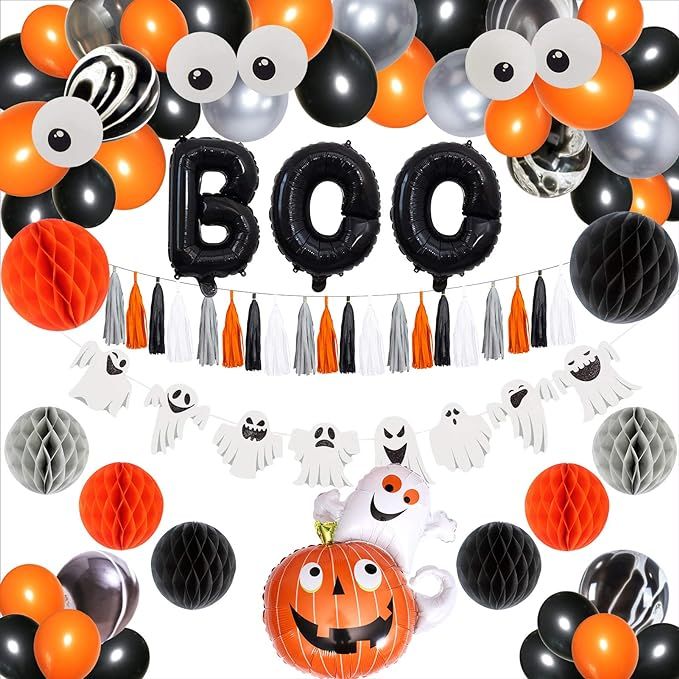 Halloween Party Decoration Set, Party Favor Supplies, with Latex Balloon, Black BOO Foil Balloons... | Amazon (US)