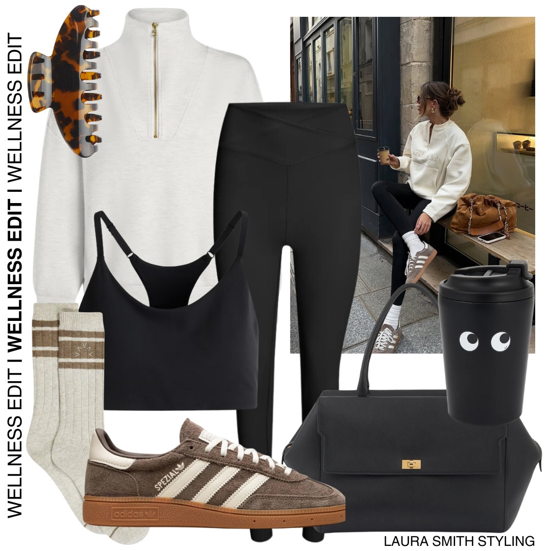 January Wellness & Fitness Edit | half zip jumper, sports bra, running leggings, spezial trainers, socks, hair clip, coffee cup, black handbag. Pilates, yoga, weights, gym, running outfits  

#LTKuk #LTKfitness #LTKstyletip