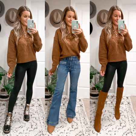 Brown Henley Sweater styled three ways 🤩 Which look is your favorite?!
American Eagle Flare Jeans

#LTKshoecrush #LTKSeasonal #LTKstyletip