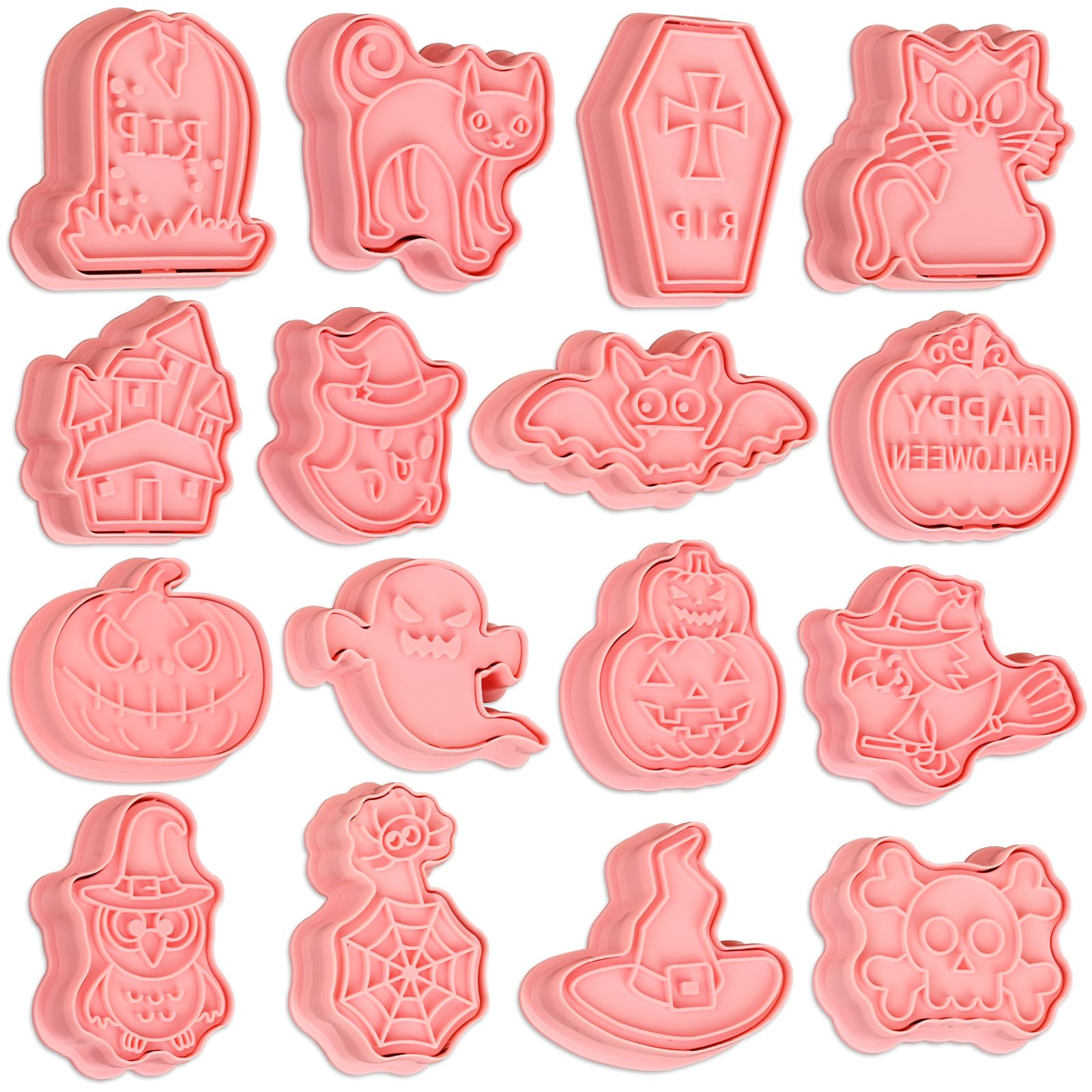 16 Pcs Halloween Cookie Cutters, 3D Cookie Cutter with Plunger Stamp, Halloween Cookie Molds -Ghost, Bat, Pumpkin, Cat, Castle,Tombstone, Witch, Spider, Skull, Etc. | Amazon (US)