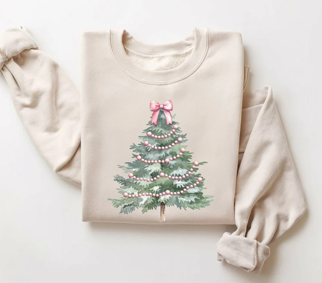 Christmas Pink Bows Tree Sweatshirt, Christmas Coquette Tree Bows Sweatshirt, Christmas Tree Bows... | Etsy (US)
