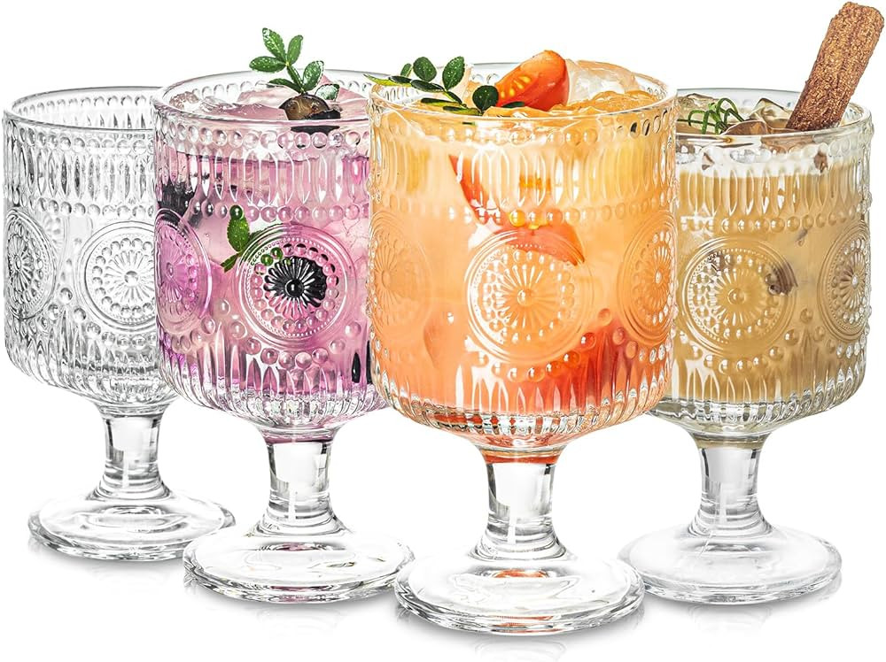 Romantic Vintage Goblet Glasses of 4, Charming Vintage Embossed Floral Decorative Glass Cups Set,... | Amazon (US)