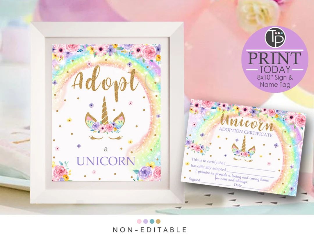 ADOPT A UNICORN Certificate Printable Unicorn Party Game Rainbow Unicorn Game Adopt a Unicorn Rai... | Etsy (US)