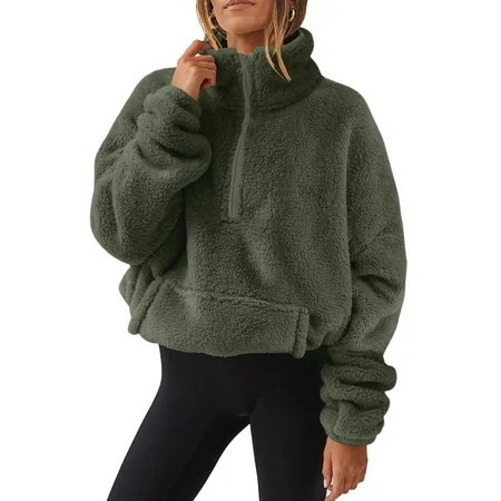Quarter Zip Pullover Women Fuzzy Fleece Hoodie Sherpa Sweatshirt Warm Long Sleeve Tunic Sweater with Pocket Fall and Winter Clothes | Walmart (US)