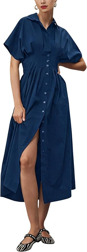 Yeokou Shirt Dress for Women Summer Casual Short Sleeve Button Down Loose Pleated Maxi Sundress w... | Amazon (US)
