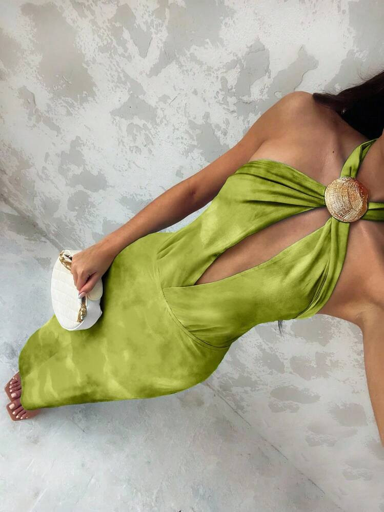 Glamine Women's Seashell Decor Summer Halter Neck Blue Beach Vacation Sexy Travel Holiday Party Dress - Floral Pattern Varies By Cutting Fall Women Clothes Back To School | SHEIN