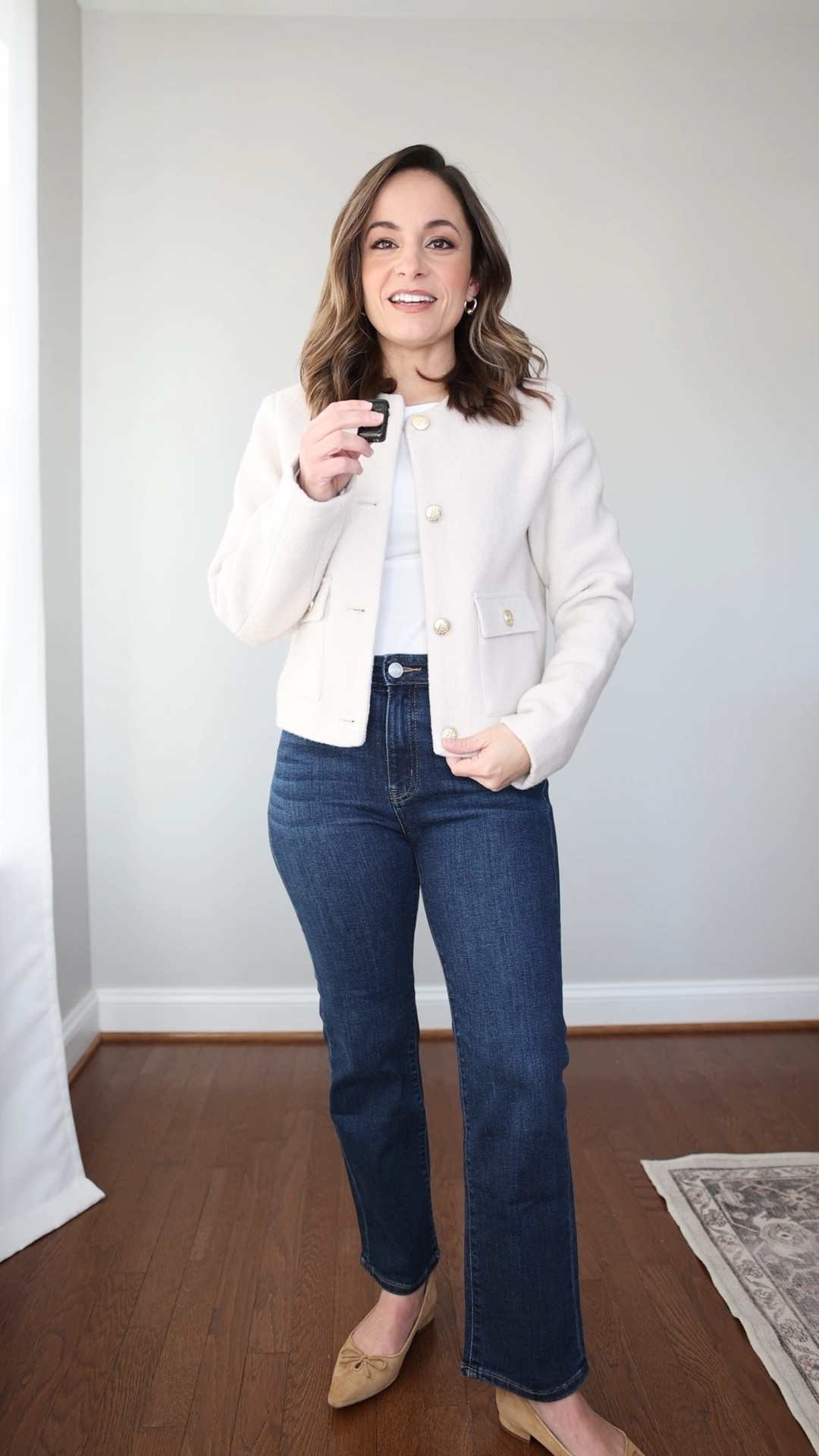 A closer look at the merino wool jacket I styled with the silk skirts. The jacket is high quality and I love the fit through the body. The sleeves are too long for me so I wore them cuffed under in the videos. 

100% Merino Wool Collarless Cropped Jacket: XS - sleeves are cuffed under 
Cotton Jersey Boat Neck Tank: XS 
Bella Straight Jeans: 24 x 26” in midnight blue 

#quincepartner


#LTKPetite