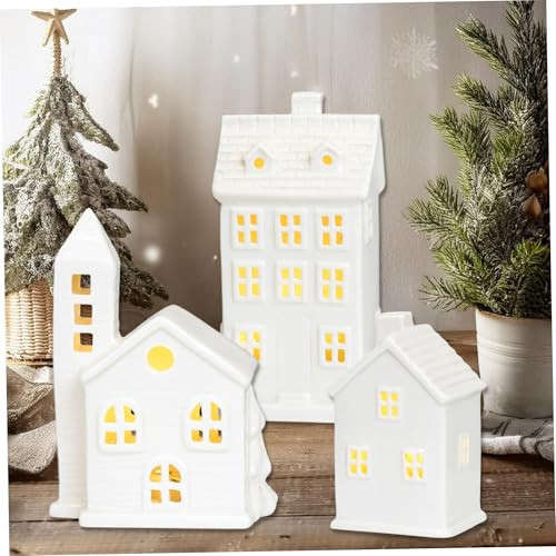 NewGtuizi White Christmas Village Houses|3Pcs Christmas Village Sets, White Ceramic Christmas Village House Porcelain LED Light Up Christmas House for Christmas Decor Home Table Display | Amazon (US)