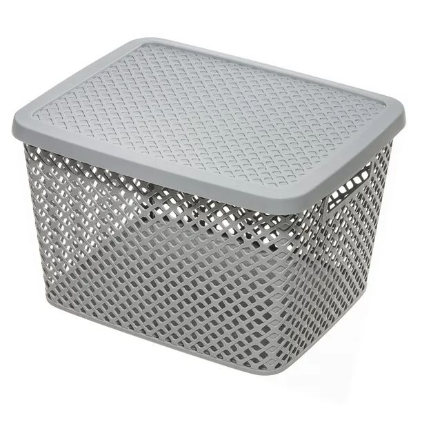 Mainstays Extra Large Decorative Plastic Storage Basket w/Lid, Gray | Walmart (US)