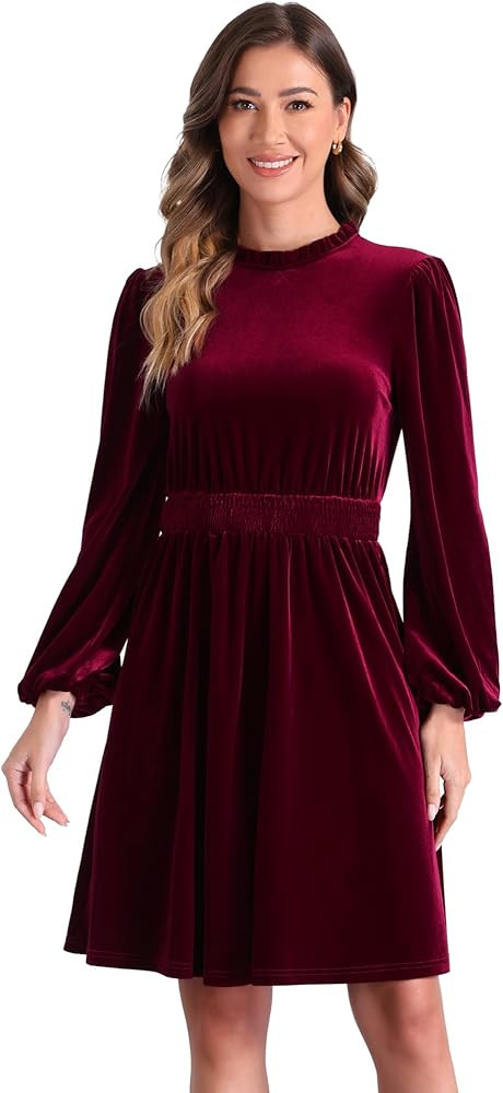 Allegra K Velvet Dresses for Women's Smocked Waistline Long Sleeve Wedding Guest Dress | Amazon (US)