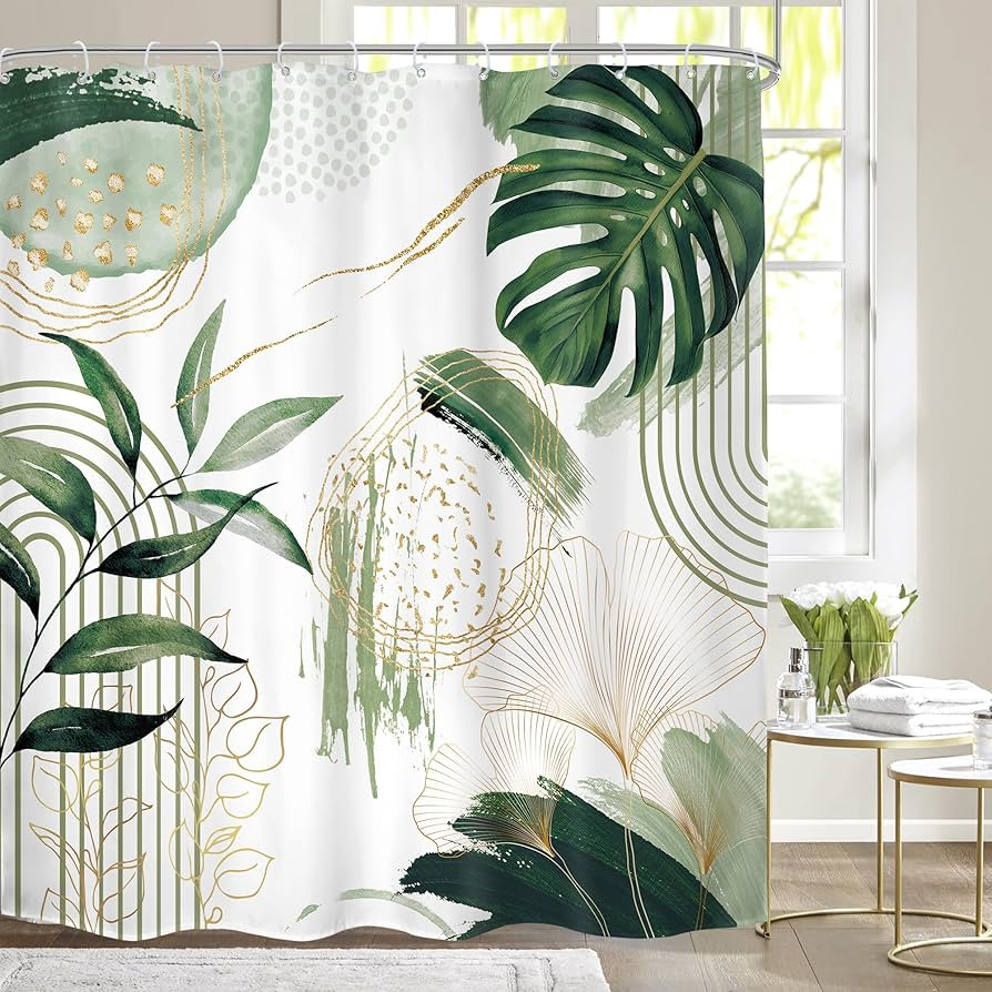 Sage Green Boho Shower Curtain Mid Century Modern Abstract Tropical Leaves Minimalist Gold Olive ... | Amazon (US)