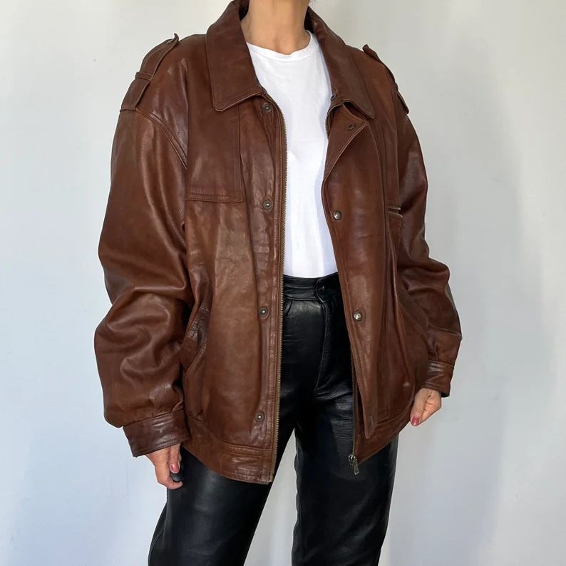 Vintage Woman Brown Leather Bomber Jacket - Oversize Bomber Leather Coat - Man Crop Motorcycle Co... | Etsy (US)