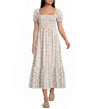 Blu Pepper Floral Printed Short Puff Sleeve Square Neck Smocked Midi Dress - L | Dillard's