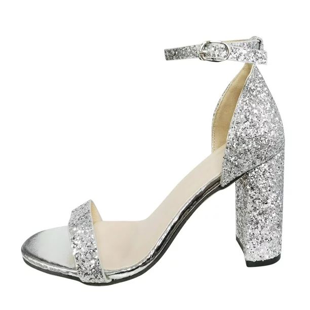 Fashion Womens Chunky High Heels Breathable Lace Up Rhinestone Shoes Casual Sandals PU Silver san... | Walmart (US)