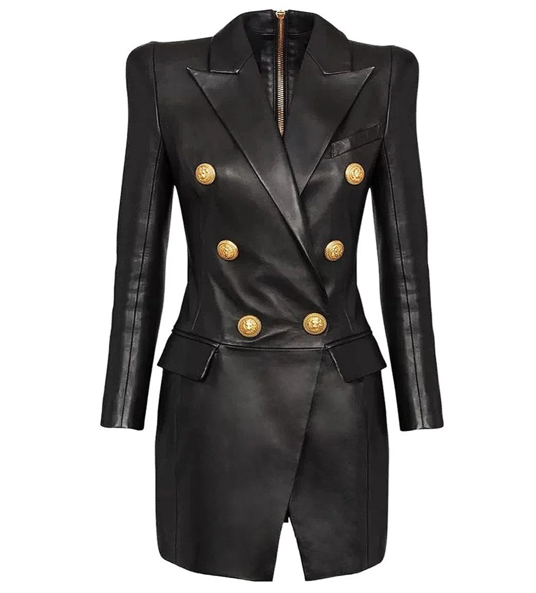 Jessica Bara Ford Gold Botton Long Sleeve Leather Blazer Mini Dress | JESSICA BARA