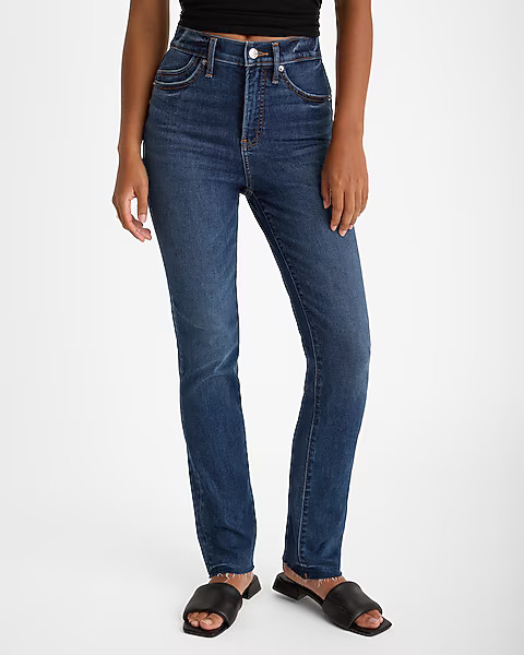 High Waisted Dark Wash Raw Hem '90s Slim Jeans | Express