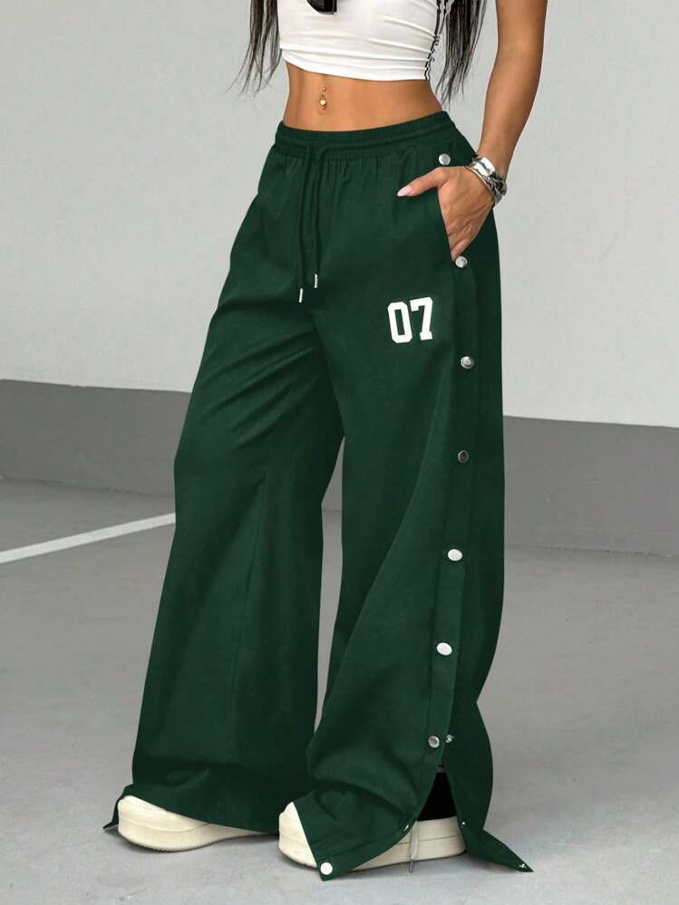 StreetHx Women Streetwear Casual Spring/Summer Side Metal Buckle Slit Solid Color Printed Drawstring Pants Fall Cloth For Women | SHEIN