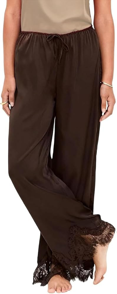Lace Trim Satin Pants for Women Full Slips Solid Color Wide Leg Pjs Trousers Elastic Waist Pajama... | Amazon (US)
