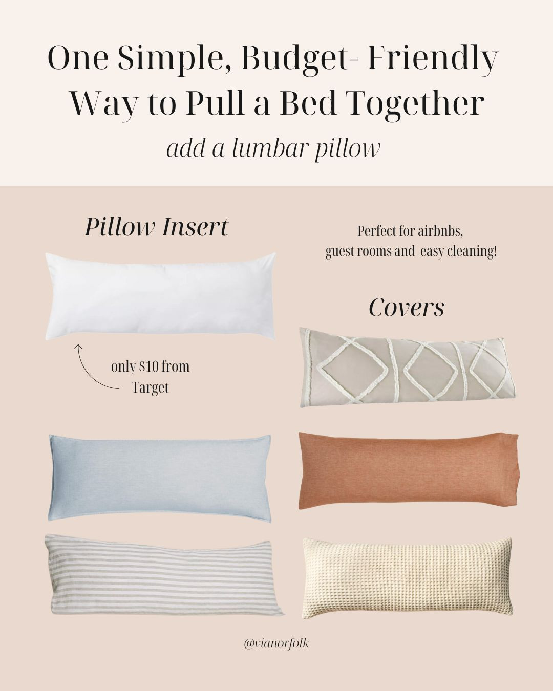 A $10 body pillow insert that becomes the only statement a queen or king bed needs. I love using one super size lumbar, and now brands are catching on — these covers work for “body pillow” sized inserts. Inexpensive, a finished look + easy to make the bed = perfect for guest rooms & Airbnbs. 

#LTKHome